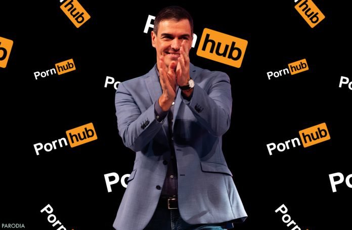 parody image of Pedro Sanchez standing in front of a pornhub photo wall